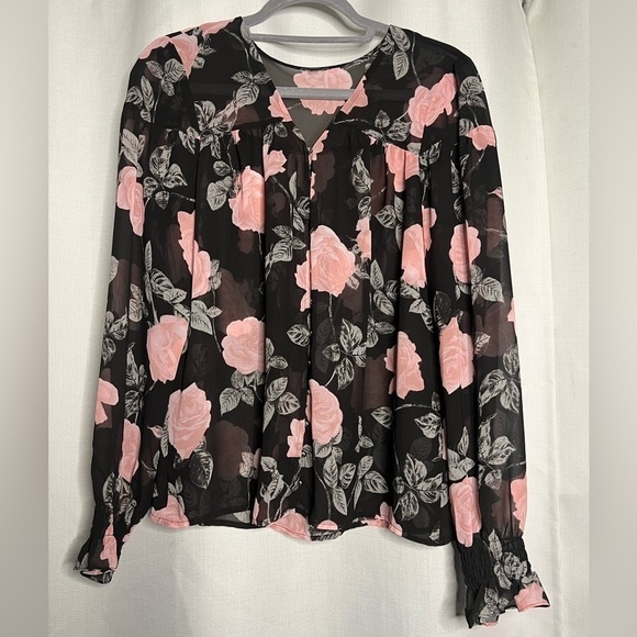 Guess Black and Pink Floral Sheer Long Sleeve Blouse Large - Picture 4 of 10